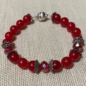 Elegant 8” natural Red ruby jade gemstone crystal Beaded magnetic clasp Bracelet